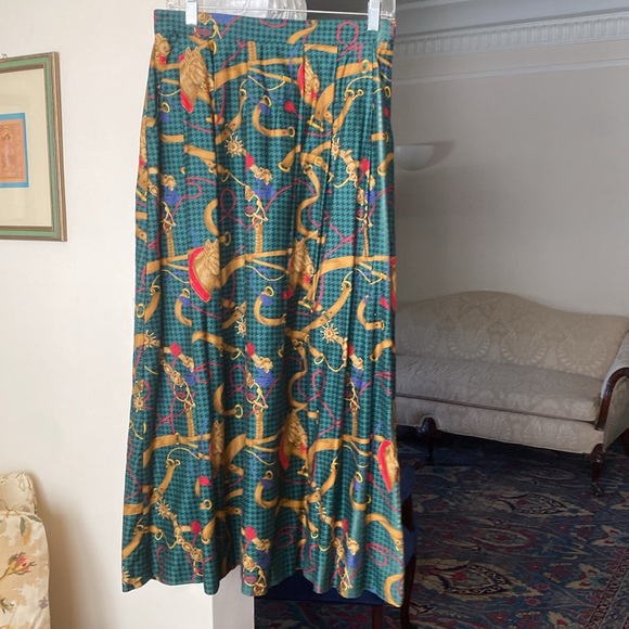 Alexander Campbell Green & Brown Equestrian Print A-Lined Skirt 100% Cotton 12 - Picture 1 of 13